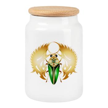 Gold-grüner Scarabeus mit Flügelornament - Keksdose mit Holzdeckel - Weiß - Vorne