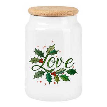 Love lettering with Christmas holly - Cookie Jar with Wooden Lid - white - Front