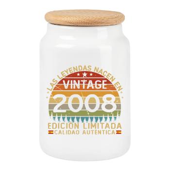 Born In 2008 Vintage 18 Years Birthday - Cookie Jar with Wooden Lid - white - Front
