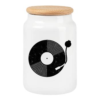 Turntable Vinyl Record Music Player  - Cookie Jar with Wooden Lid - white - Front