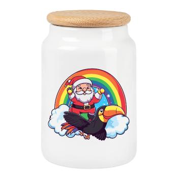 Toucan Bird Santa Claus Christmas - Cookie Jar with Wooden Lid - white - Front