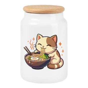 Cat with noodles ramen kawaii cat - Cookie Jar with Wooden Lid - white - Front