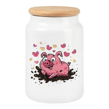Cochon au cœur dans la boue avec des cœurs - Boîte à biscuits avec couvercle en bois - blanc - Devant
