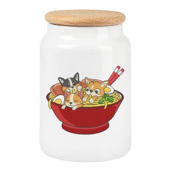 Cute Three Corgi Dogs Ramen Noodles Japanese Food - Cookie Jar with Wooden Lid - white - Front