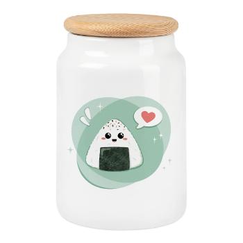 Kawaii Onigiri mit Sprechblase mit Herz in grün - Keksdose mit Holzdeckel - Weiß - Vorne