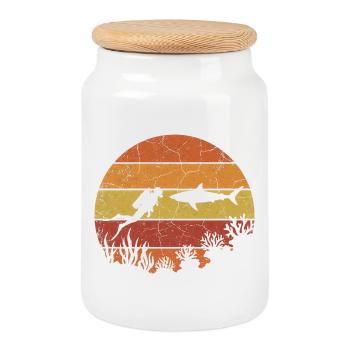 Taucher und Hai mit Retro Sonnenuntergang - Keksdose mit Holzdeckel - Weiß - Vorne