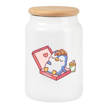 Cute Blue Penguin Full From Eating Pizza Funny - Cookie Jar with Wooden Lid - white - Front