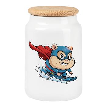 Dessin animé de super-héros hamster surf skate - Boîte à biscuits avec couvercle en bois - blanc - Devant