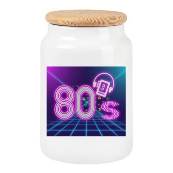 80's - Cookie Jar with Wooden Lid - white - Front