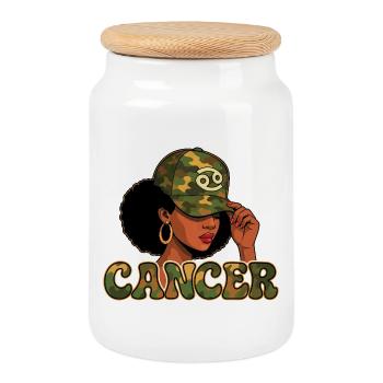 Cancer Queen – Camo Afro Girl Intuitive Power - Cookie Jar with Wooden Lid - white - Front