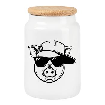 Cool pig with cap and sunglasses - Cookie Jar with Wooden Lid - white - Front