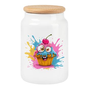 Colorful cupcake with googly eyes - Cookie Jar with Wooden Lid - white - Front