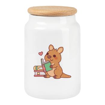 Cute Kangaroo Joey Loves Reading Books - Cookie Jar with Wooden Lid - white - Front