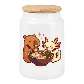 Capybara avec Axolotl Mange des nouilles, ramen kawaii - Boîte à biscuits avec couvercle en bois - blanc - Devant