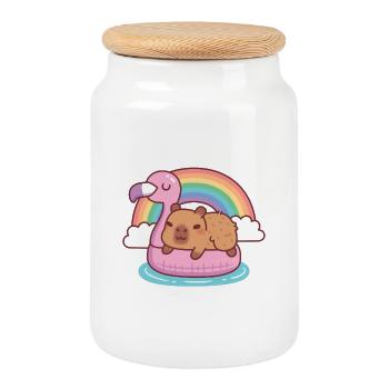 Mignons frissons de capybara sur Flamingo Float Rainbow - Boîte à biscuits avec couvercle en bois - blanc - Devant