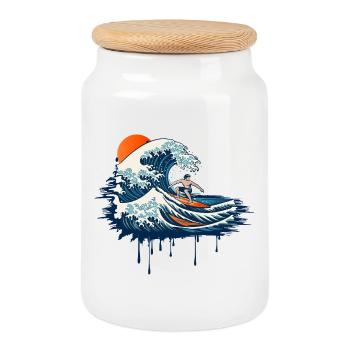 Dynamic Surf Illustration on Powerful Wave - Cookie Jar with Wooden Lid - white - Front