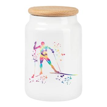 Cross-country skiing Cross-country skiing - Cookie Jar with Wooden Lid - white - Front
