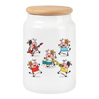 Cute Cow Band Music Party Comic - Cookie Jar with Wooden Lid - white - Front