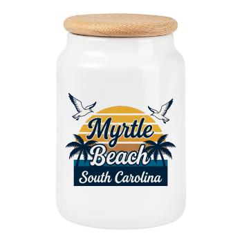 Vacances rétro au coucher de soleil à Myrtle Beach, en Caroline du Sud - Boîte à biscuits avec couvercle en bois - blanc - Devant
