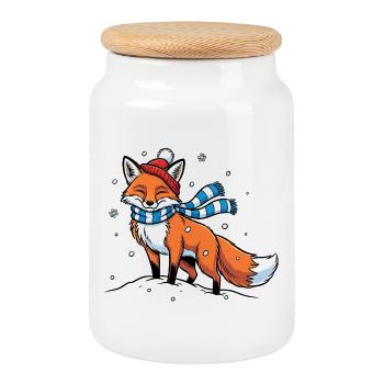 Renard d’hiver avec écharpe - Boîte à biscuits avec couvercle en bois - blanc - Devant