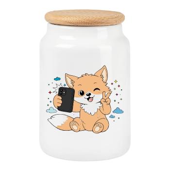 Un renard mignon prend un selfie – Motif drôle - Boîte à biscuits avec couvercle en bois - blanc - Devant