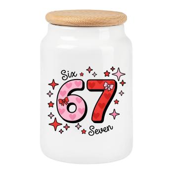 Design Six Seven - Rose + Rouge avec étoiles + Cœurs - Boîte à biscuits avec couvercle en bois - blanc - Devant