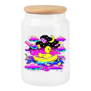 Colorful rubber duck in rainbow boat - Cookie Jar with Wooden Lid - white - Front