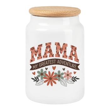 Mama My Greatest Adventure - Floral Mom Quote Desi - Cookie Jar with Wooden Lid - white - Front