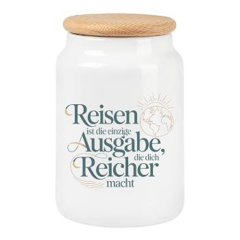 Reisen macht dich reicher – Zitatdesign - Keksdose mit Holzdeckel - Weiß - Vorne