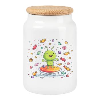 Little green alien on trampoline - Cookie Jar with Wooden Lid - white - Front