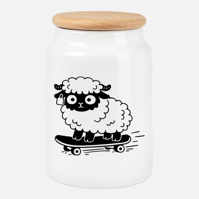 Sheep Skate - Cookie Jar with Wooden Lid - white