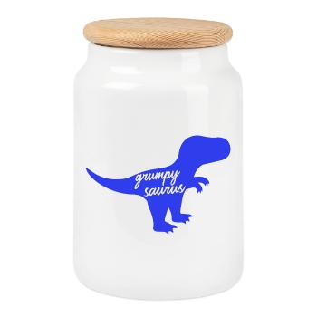Grumpysaurus Funny Blue T-Rex Dinosaur - Cookie Jar with Wooden Lid - white - Front