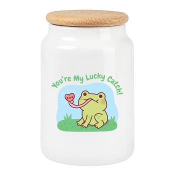 Cute Frog Catches Heart You Are My Lucky Catch - Cookie Jar with Wooden Lid - white - Front