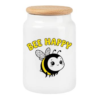 Bee Happy – Mignonne abeille dessinée en jaune noir - Boîte à biscuits avec couvercle en bois - blanc - Devant