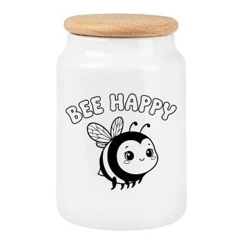 Bee Happy – Niedliche Biene Lineart Schwarz Weiß - Keksdose mit Holzdeckel - Weiß - Vorne