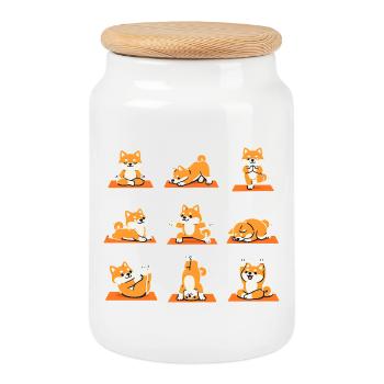 Shiba Inu Yoga Poses Funny Dog Sports - Cookie Jar with Wooden Lid - white - Front