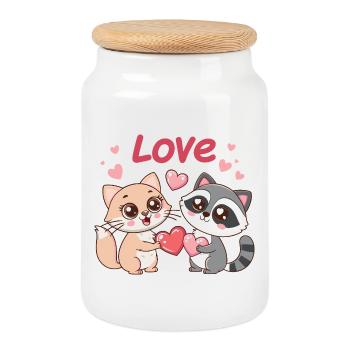 Amour félin en duo cœur - Boîte à biscuits avec couvercle en bois - blanc - Devant