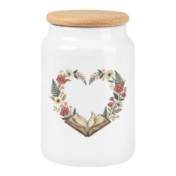 Vintage Book Lover Valentine Floral Heart - Cookie Jar with Wooden Lid - white - Front