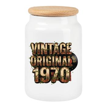 Vintage Original des années 1970 avec vinyle - Boîte à biscuits avec couvercle en bois - blanc - Devant