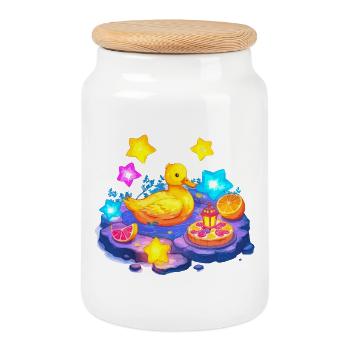 Yellow duck at citrus lake with stars - Cookie Jar with Wooden Lid - white - Front