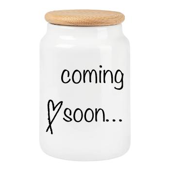 Coming Soon Lettering - Cookie Jar with Wooden Lid - white - Front