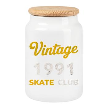 Vintage 1991 Skate Club Retro Birth Year Gift - Cookie Jar with Wooden Lid - white - Front