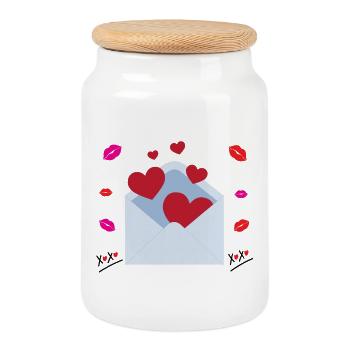 Valentine love hugs and kisses message in envelope - Cookie Jar with Wooden Lid - white - Front