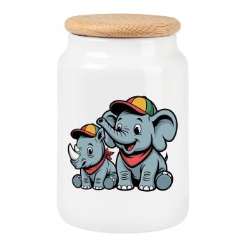 Süßer Elefant und Nashorn – Niedliches Tierfreunde - Keksdose mit Holzdeckel - Weiß - Vorne