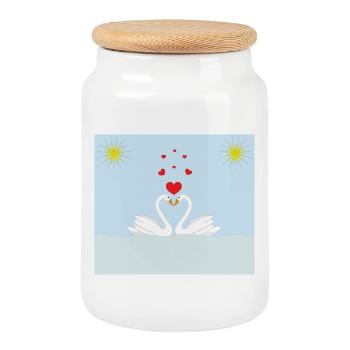 Deux cygnes blancs dans l’eau et des cœurs rouges - Boîte à biscuits avec couvercle en bois - blanc - Devant