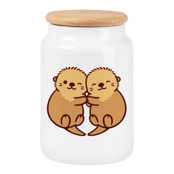otter hug - Cookie Jar with Wooden Lid - white - Front