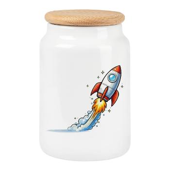 Raketenstart Cartoon-Design - Keksdose mit Holzdeckel - Weiß - Vorne