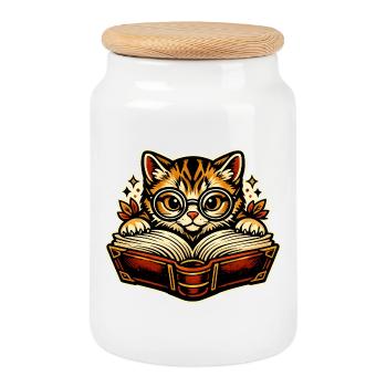 Kitten with glasses reading - Cookie Jar with Wooden Lid - white - Front