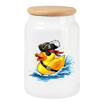 Canard en caoutchouc espiègle au look pirate avec cache-œil - Boîte à biscuits avec couvercle en bois - blanc - Devant