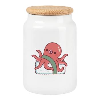 Cute Octopus Sushi Funny - Cookie Jar with Wooden Lid - white - Front